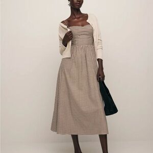 Reformation Vinny Dress - Beige Gingham Smocked Midi Dress